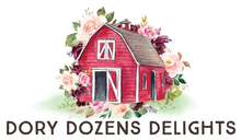 Dory Dozens Delights logo with red barn and pink roses